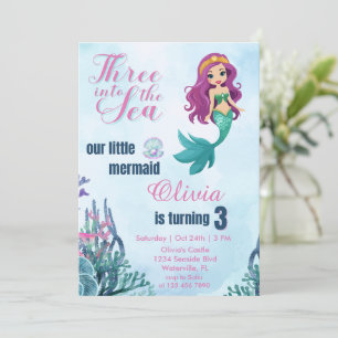 Three into the Sea Mermaid Girls 3rd birthday Invitation
