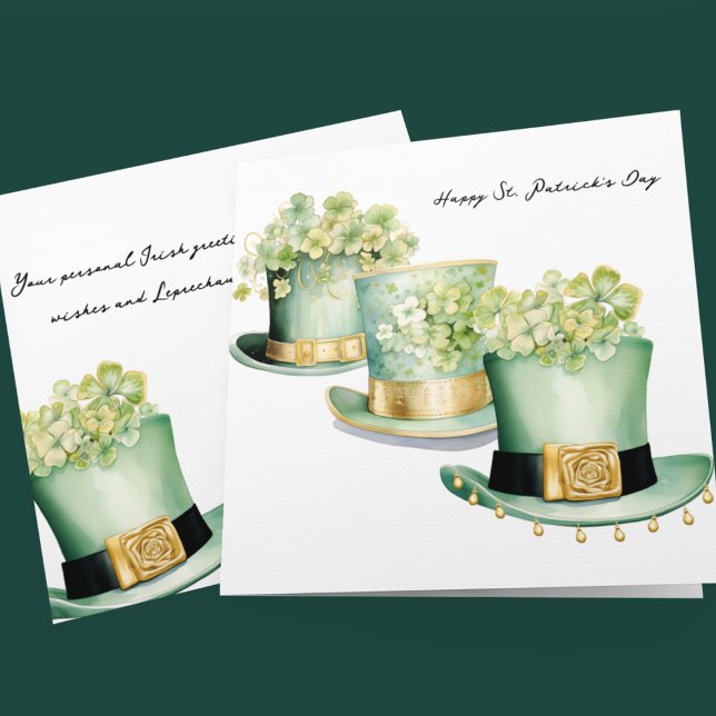 Three Irish St Patrick's Day Leprechaun Hats Card (Three different Leprechaun top hats in green and gold on customizable St Paddy's Day cards.)