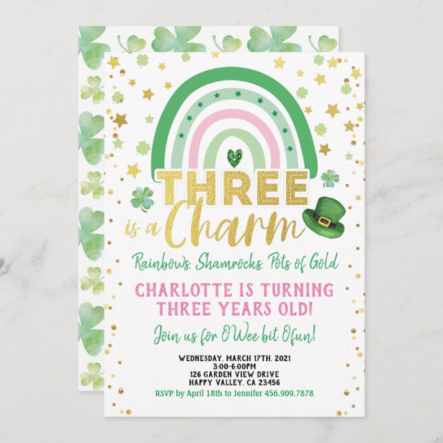 Three Is A Charm 3rd Birthday St Patrick's Day Inv Invitation (Front/Back)