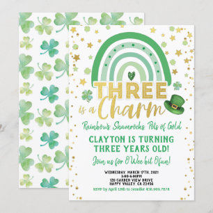 Three Is A Charm 3rd Birthday St Patrick's Day Invitation