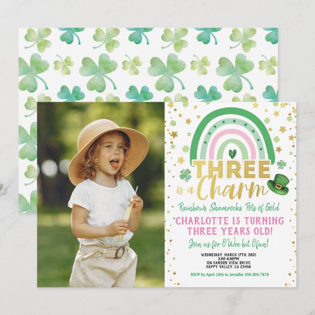 Three Is A Charm 3rd Birthday St Patrick's Photo I Invitation (Front/Back)