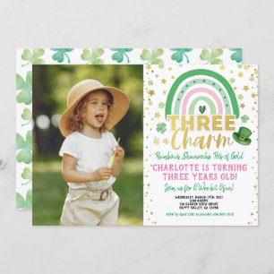 Three Is A Charm 3rd Birthday St Patrick's Photo I Invitation