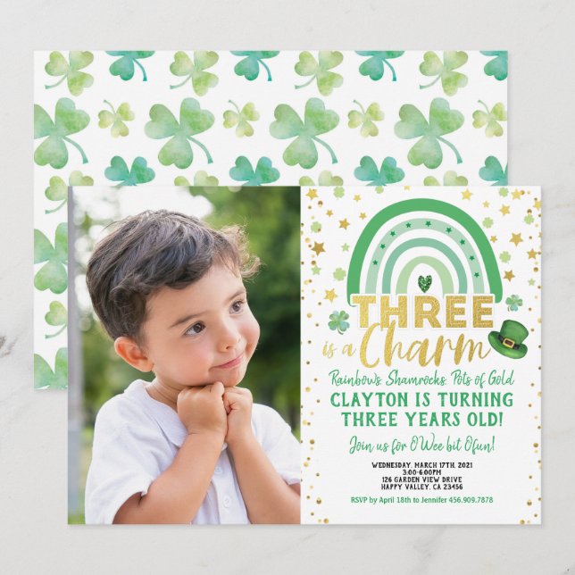 Three Is A Charm 3rd Birthday St Patrick's Photo Invitation (Front/Back)