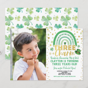 Three Is A Charm 3rd Birthday St Patrick's Photo Invitation