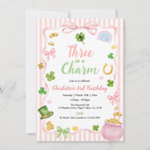 Three is a Charm Girl 3rd Birthday Pink Shamrock Invitation