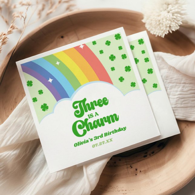 Three Is A Charm Rainbow 3rd Birthday Party Napkin (Creator Uploaded)
