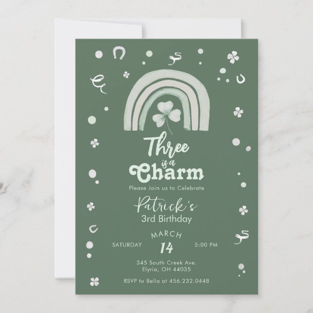 Three Is A Charm Shamrock Any Age Birthday Invitation (Front)