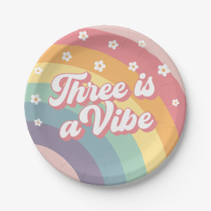 Three is a Vibe Retro 70s Rainbow Daisy Birthday  Paper Plate