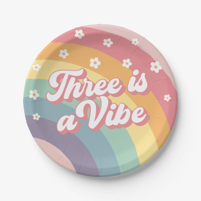 Three is a Vibe Retro 70s Rainbow Daisy Birthday  Paper Plate (Front)