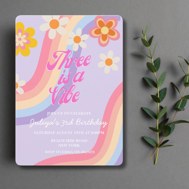 Three is a vibe Retro Rainbow 3rd Birthday  Invitation (Creator Uploaded)