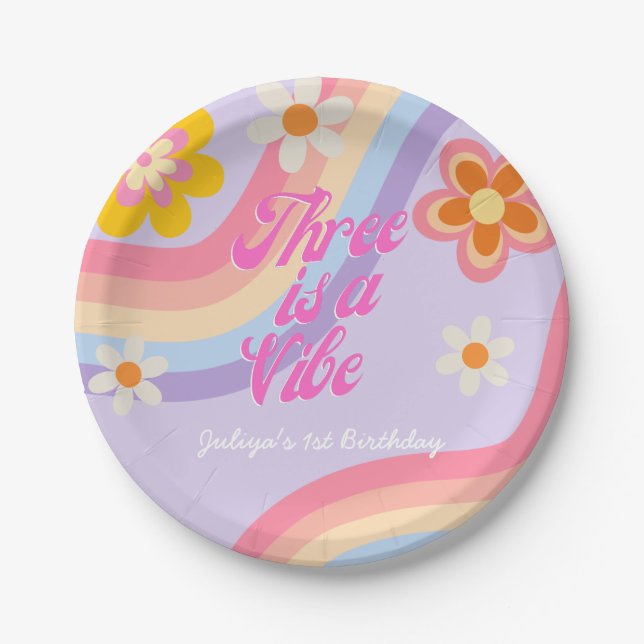 Three is a vibe Retro Rainbow 3rd Birthday  Paper Plate (Front)