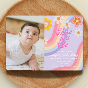 Three is a vibe Retro Rainbow baby photo Invitation