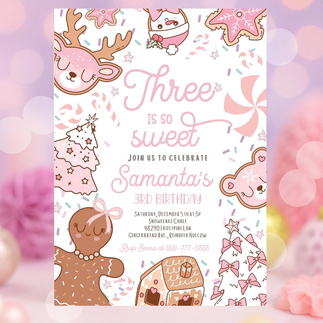 Three Is So Sweet Christmas Cookie Birthday Part Invitation (Festive “Three Is So Sweet” Christmas Cookie Birthday Party invitation design for girls, featuring h)