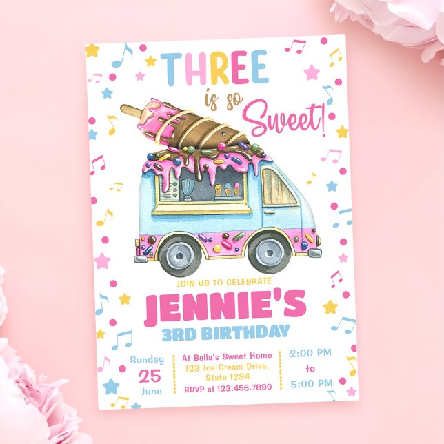 Three Is So Sweet Girls Ice Cream 3rd Birthday  Invitation (Creator Uploaded)