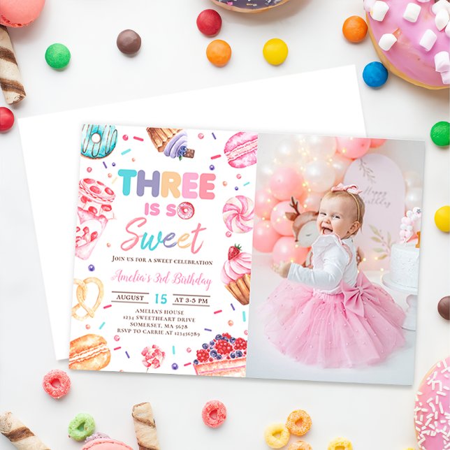 Three Is Sweet Doughnut Candy 3rd Birthday Photo Invitation (Creator Uploaded)