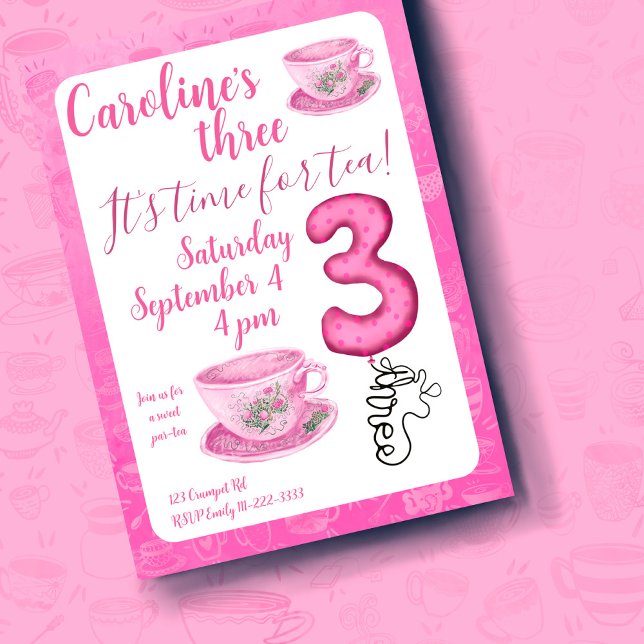 Three It’s Time for Tea 3rd Birthday Invitation (Creator Uploaded)