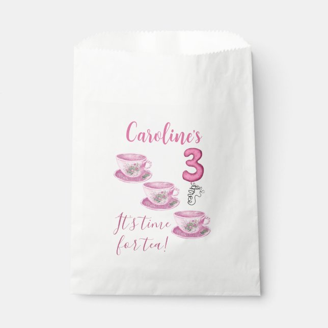 Three It’s Time for Tea 3rd Birthday Invitation Favour Bag (Front)