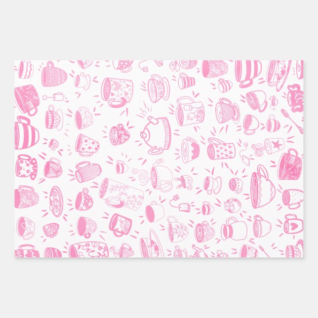 Three It’s Time for Tea 3rd Birthday Invitation Wrapping Paper Sheet (Front)