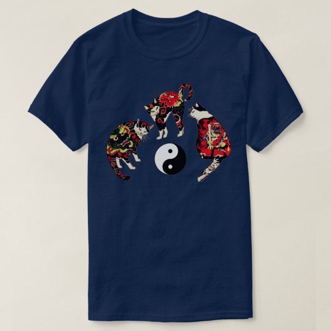 THREE JAPANESE CATS WITH DRAGONRED DEVIL TATTOOS A T-Shirt (Design Front)