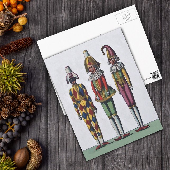 Three Jesters PostCard (Three jester dolls in colourful clown outfits on grey postcard.)