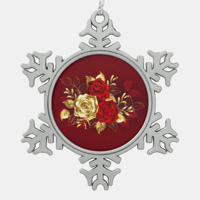 Three Jewellery Roses Snowflake Pewter Christmas Ornament (Front)