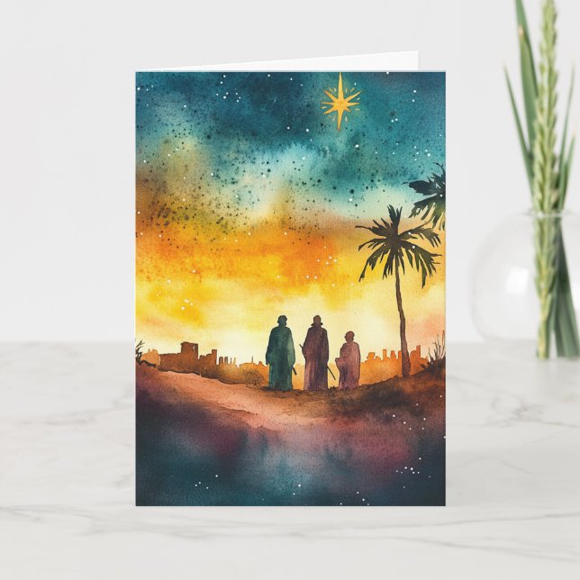 Three Kings Following Christmas Star Watercolor Card (Front)