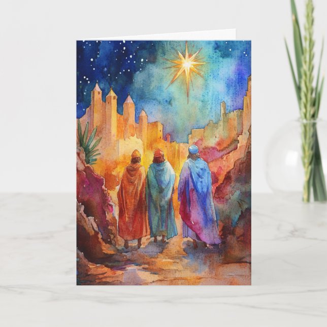 Three Kings Journey in Nativity Watercolor Art Card (Front)