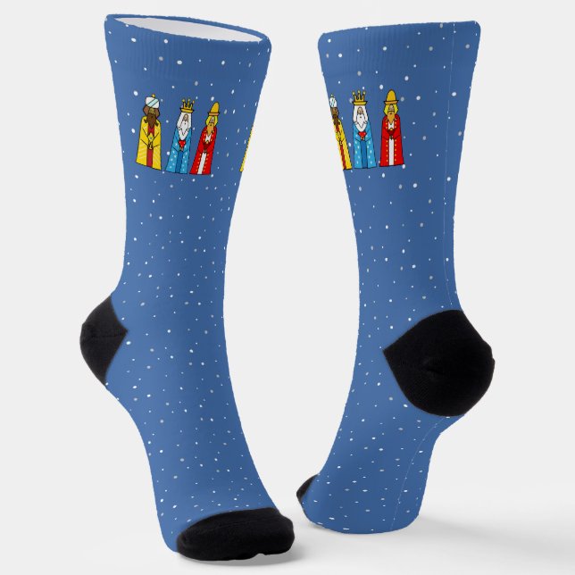 Three Kings & Snowflakes on Blue Crew Socks (Angled)
