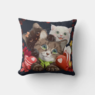 Three kittens and hearts throw pillow