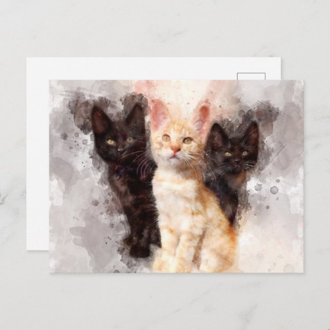 Three kittens cute and beautiful watercolor postcard (Front/Back)