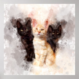 Three kittens cute and beautiful watercolor poster
