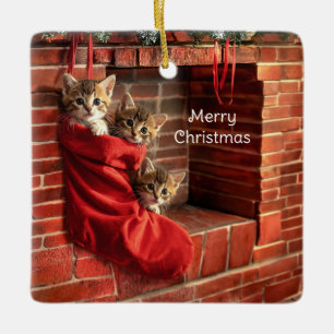 Three kittens in a Christmas Stocking Ceramic Ornament