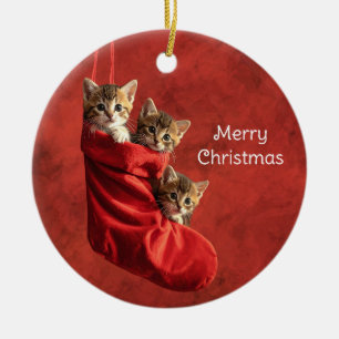 Three kittens in a Christmas Stocking Ceramic Ornament