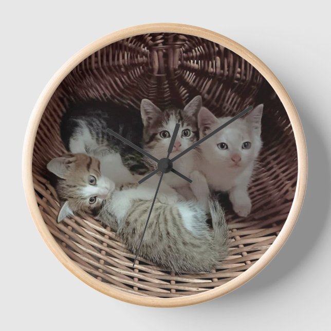 Three Kittens in a Wicker Basket Clock (Front)