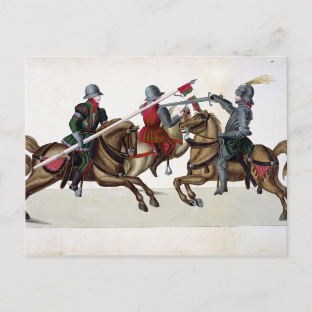 Three knights at a tournament, plate from 'A Histo Postcard (Front)