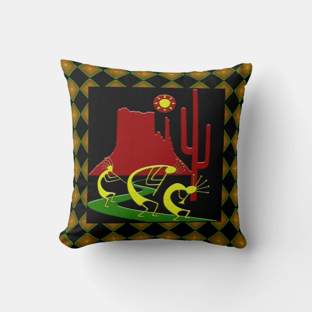 Three Kokopelli on the Road Throw Pillow (Front)