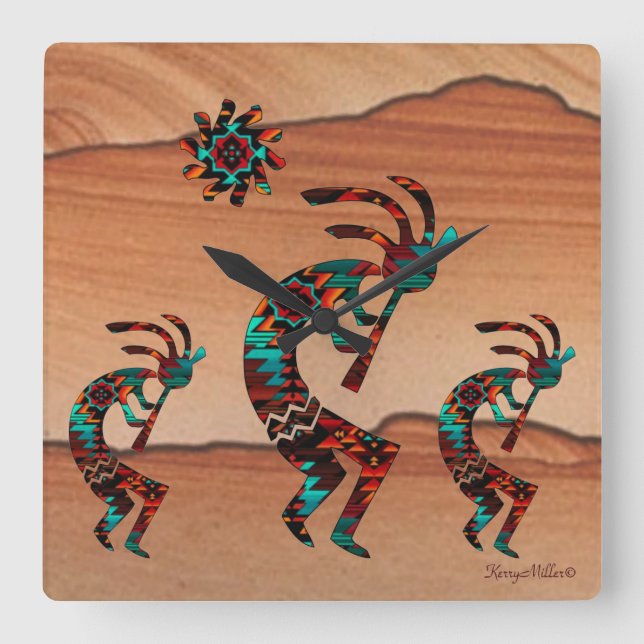Three Kokopelli Playing Flute Square Wall Clock (Front)