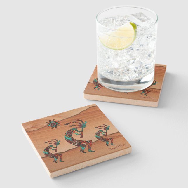 Three Kokopelli Playing The Flute Stone Coaster (Side)