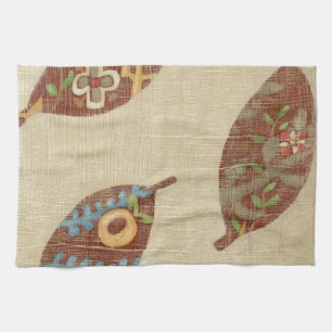 Three Leaves on Linen Texture Background Kitchen Towel