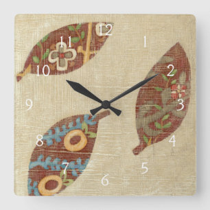 Three Leaves on Linen Texture Background Square Wall Clock