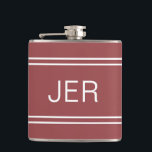Three Letter Initials Monogrammed Dark Trendy Red Hip Flask<br><div class="desc">Three Initial Letters Monogrammed stainless steel flasks are timeless, classic and stylish. Our Unique design is the perfect personalized gift for that special occasion. Shop our integrated collection of coordinating colours and golf - sports accessories. Custom personal monogrammed initials are added to a red background with white shadowed font and...</div>