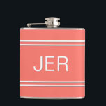 Three Letter Initials Monogrammed Drink Coral Hip Flask<br><div class="desc">Three Initial Letters Monogrammed stainless steel flasks are timeless, classic and stylish. Our Unique design is the perfect personalized gift for that special occasion. Shop our integrated collection of coordinating colours and golf - sports accessories. Custom personal monogrammed initials are added to a popular coral background with white shadowed font...</div>