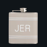 Three Letter Initials Monogrammed Drink Khaki Hip Flask<br><div class="desc">Three Initial Letters Monogrammed stainless steel flasks are timeless, classic and stylish. Our Unique design is the perfect personalized gift for that special occasion. Shop our integrated collection of coordinating colours and golf - sports accessories. Custom personal monogrammed initials are added to a khaki tan background with white shadowed font...</div>