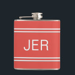 Three Letter Initials Monogrammed Drink Red Hip Flask<br><div class="desc">Three Initial Letters Monogrammed stainless steel flasks are timeless, classic and stylish. Our Unique design is the perfect personalized gift for that special occasion. Shop our integrated collection of coordinating colours and golf - sports accessories. Custom personal monogrammed initials are added to a red background with white shadowed font and...</div>