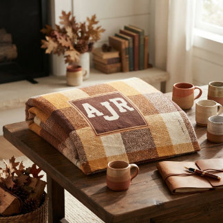 Three Letter Monogram Brown Yellow Buffalo Plaid Fleece Blanket