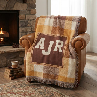 Three Letter Monogram Brown Yellow Buffalo Plaid Throw Blanket