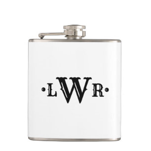 Three Letter Monogram Custom Elegant Black & White Hip Flask