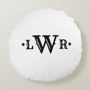 Three Letter Monogram Custom Elegant Black & White Round Pillow