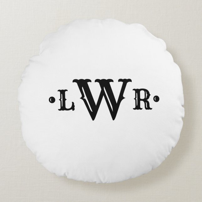 Three Letter Monogram Custom Elegant Black & White Round Pillow (Front)
