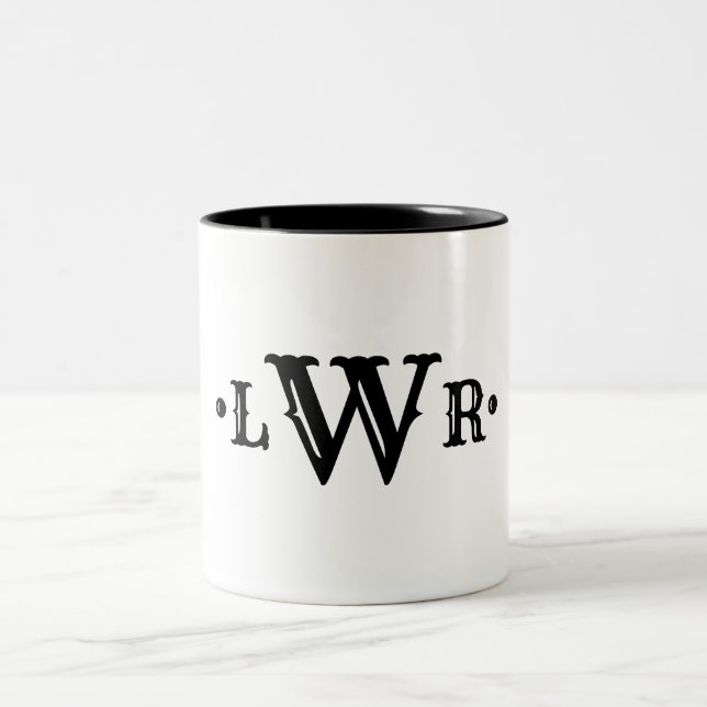 Three Letter Monogram Custom Elegant Black & White Two-Tone Coffee Mug (Center)